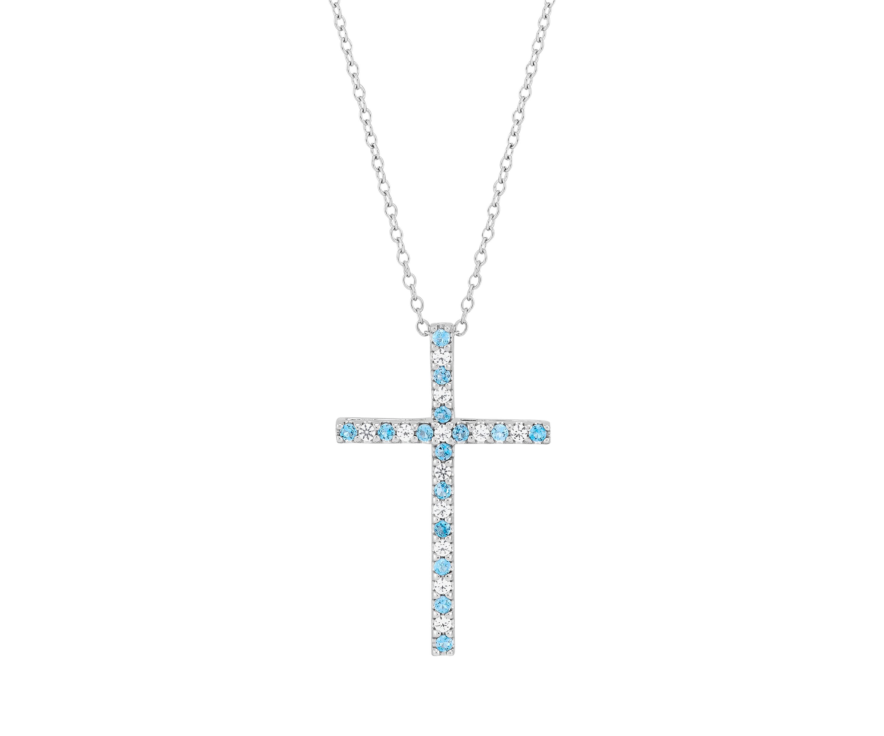 Aquamarine and Created White Sapphire Cross Pendant Necklace with 18" Box Chain in 10K White Gold