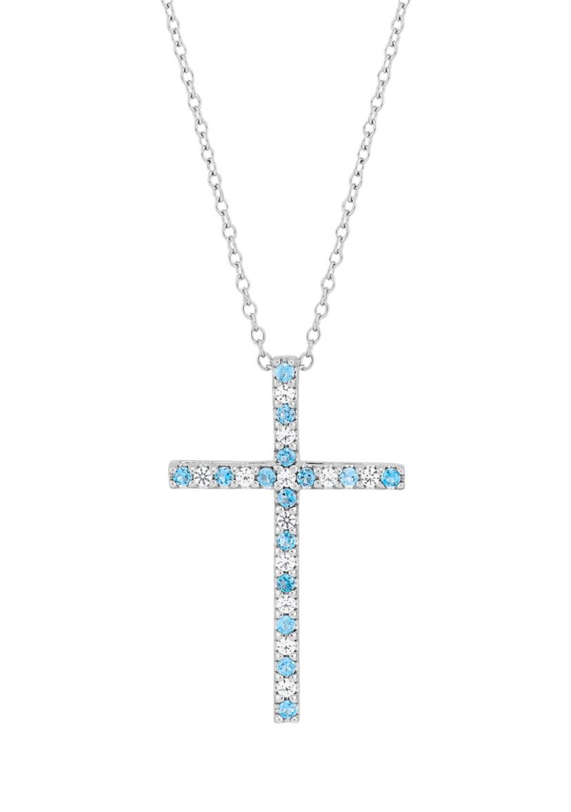 Aquamarine and Created White Sapphire Cross Pendant Necklace with 18" Box Chain in 10K White Gold