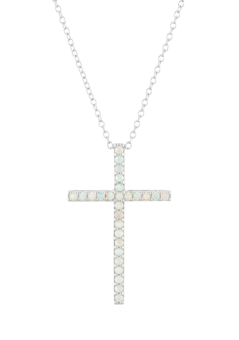 Lab Created Opal Cross Pendant Necklace with 18" Box Chain in 10K White Gold