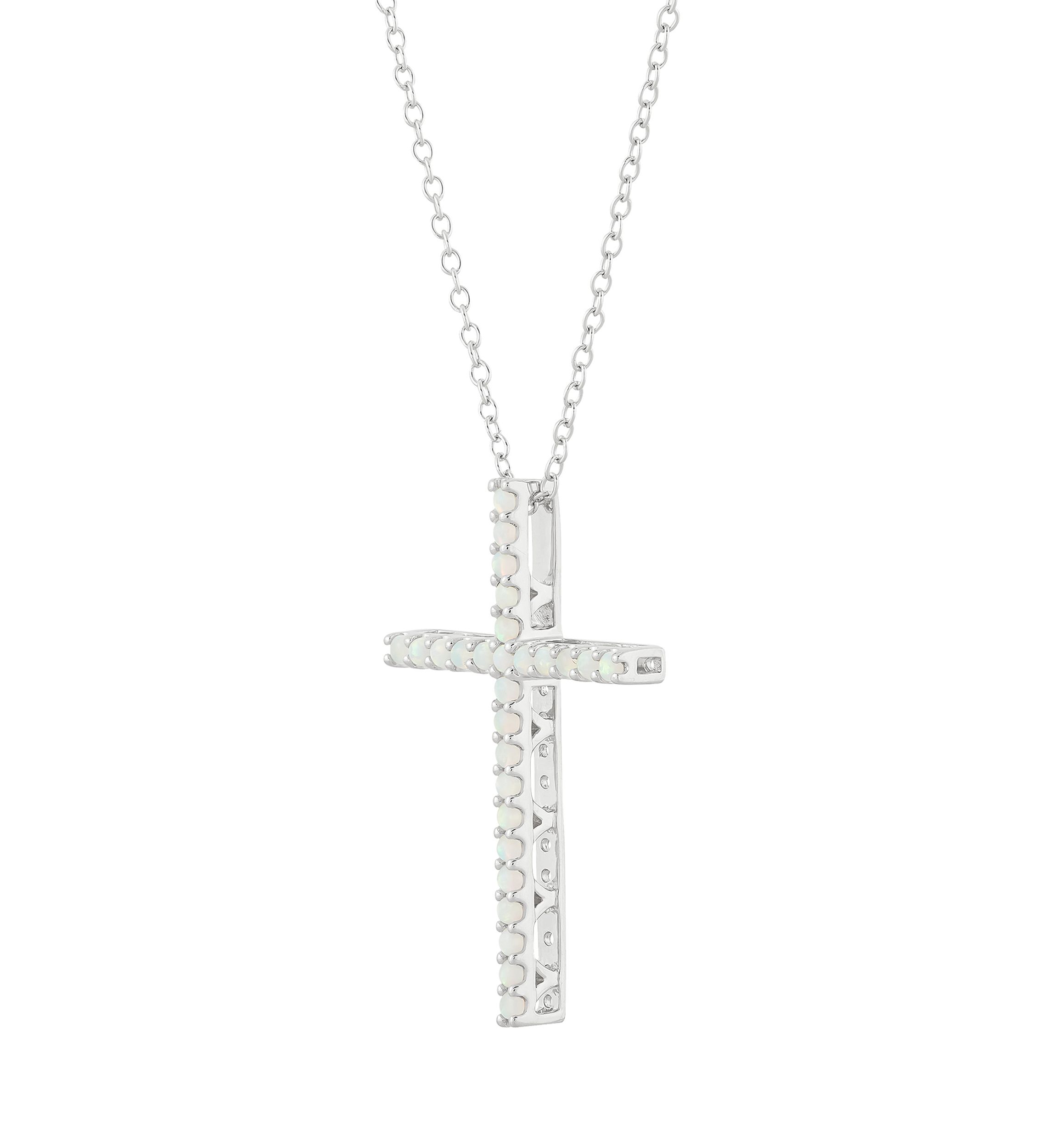 Lab Created Opal Cross Pendant Necklace with 18" Box Chain in 10K White Gold