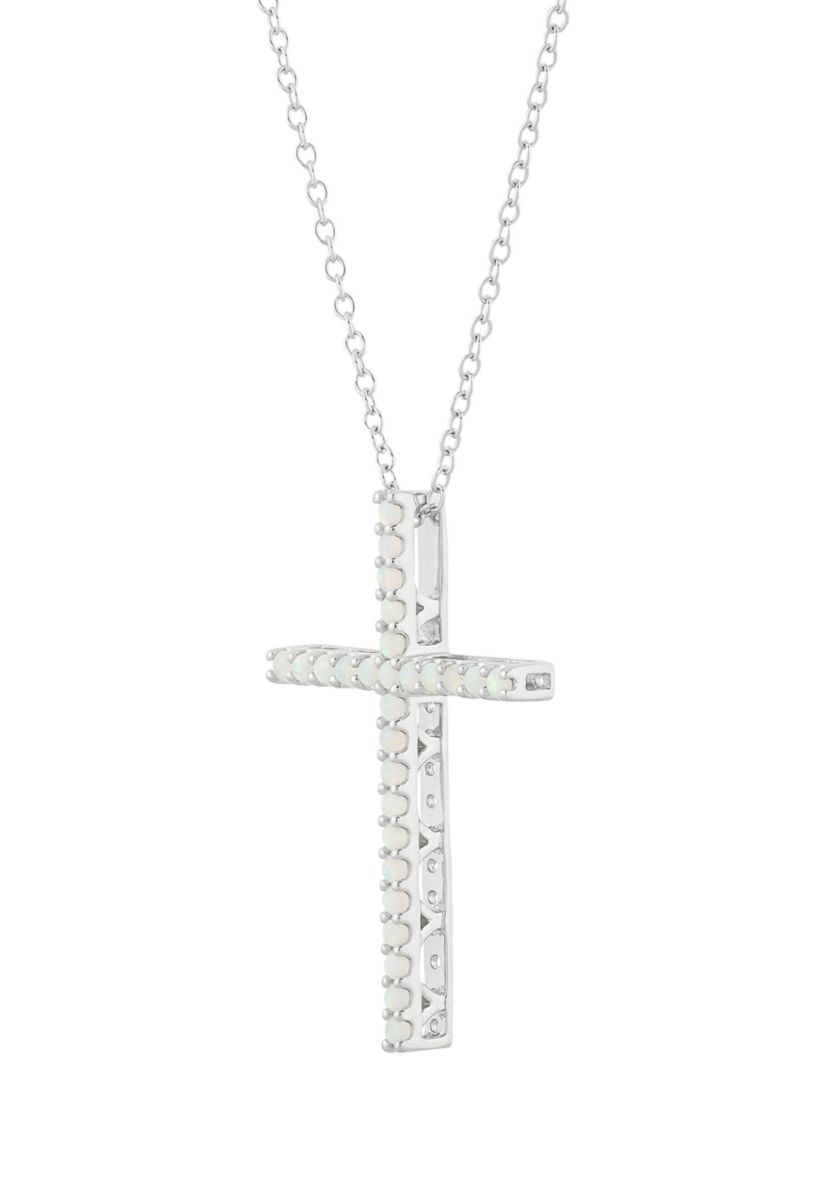 Lab Created Opal Cross Pendant Necklace with 18" Box Chain in 10K White Gold
