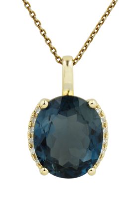 Belk & Co 1/10 ct. t.w. Diamond and London Blue Topaz Oval Pendant Necklace with 18" Rope Chain in 10K Yellow Gold