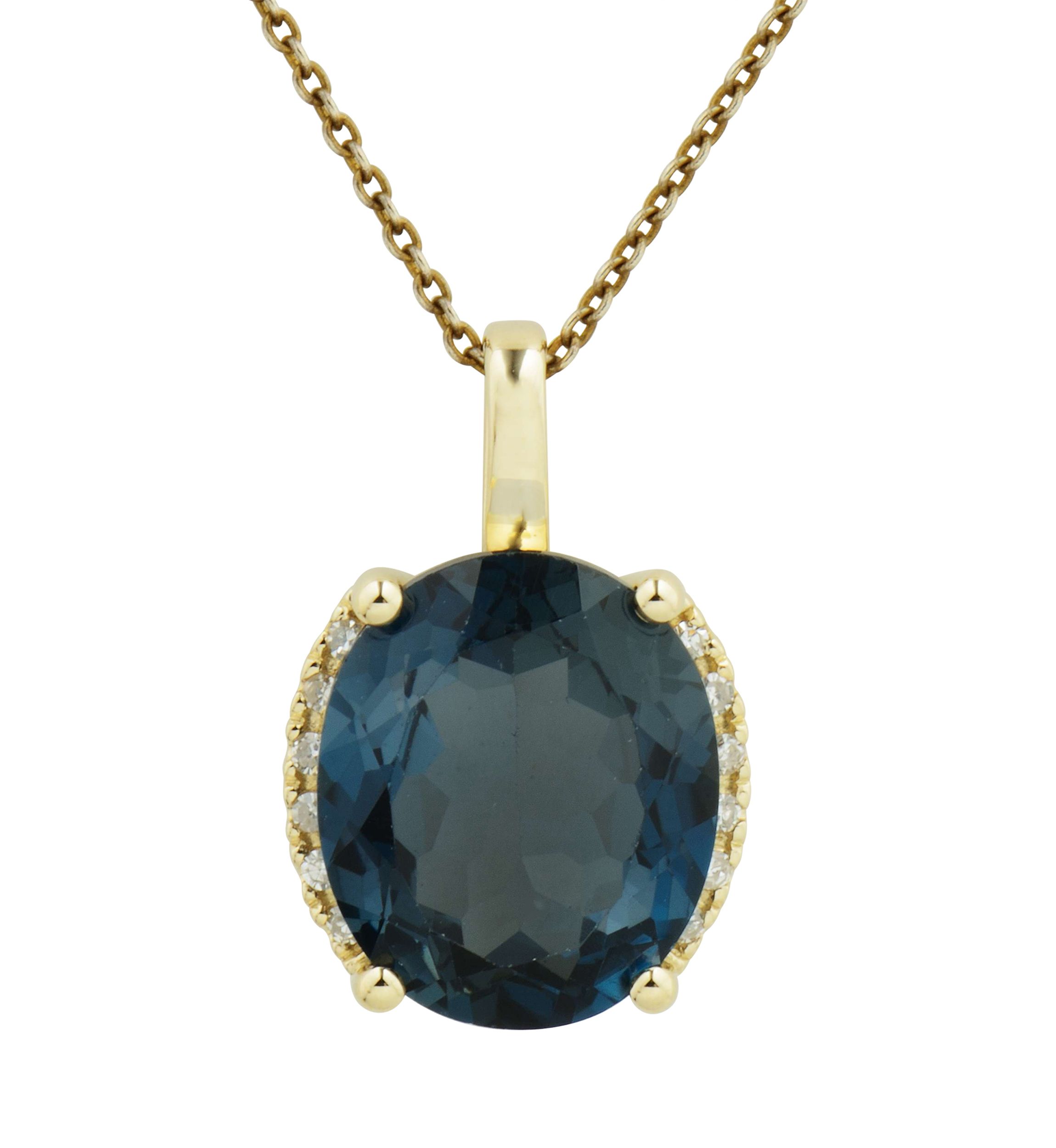 1/10 ct. t.w. Diamond and London Blue Topaz Oval Pendant Necklace with 18" Rope Chain in 10K Yellow Gold