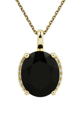 Belk & Co 1/10 Ct. T.w. Diamond And Onyx Oval Pendant Necklace With 18"" Rope Chain In 10K Yellow Gold