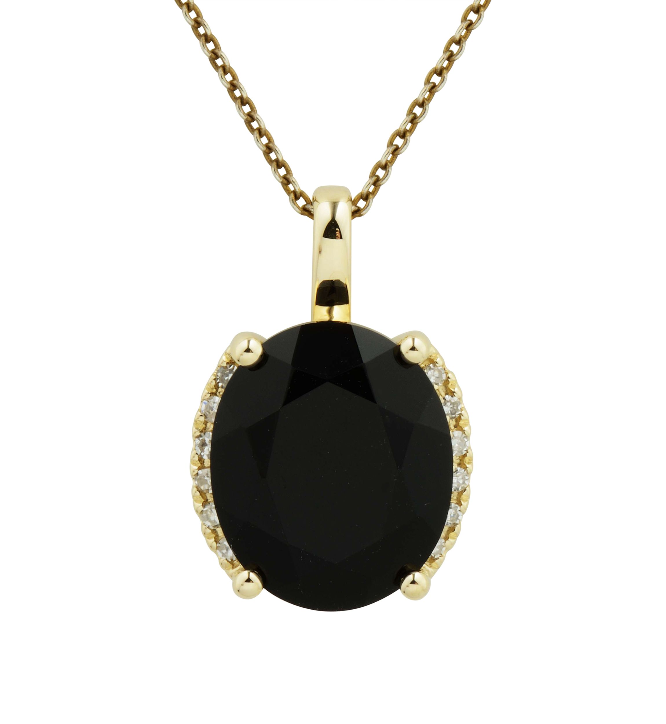 1/10 ct. t.w. Diamond and Onyx Oval Pendant Necklace with 18" Rope Chain in 10K Yellow Gold