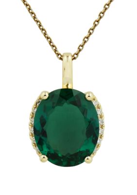 Belk & Co 1/10 Ct. T.w. Diamond And Lab Created Emerald Oval Pendant Necklace With 18"" Rope Chain In 10K Yellow Gold