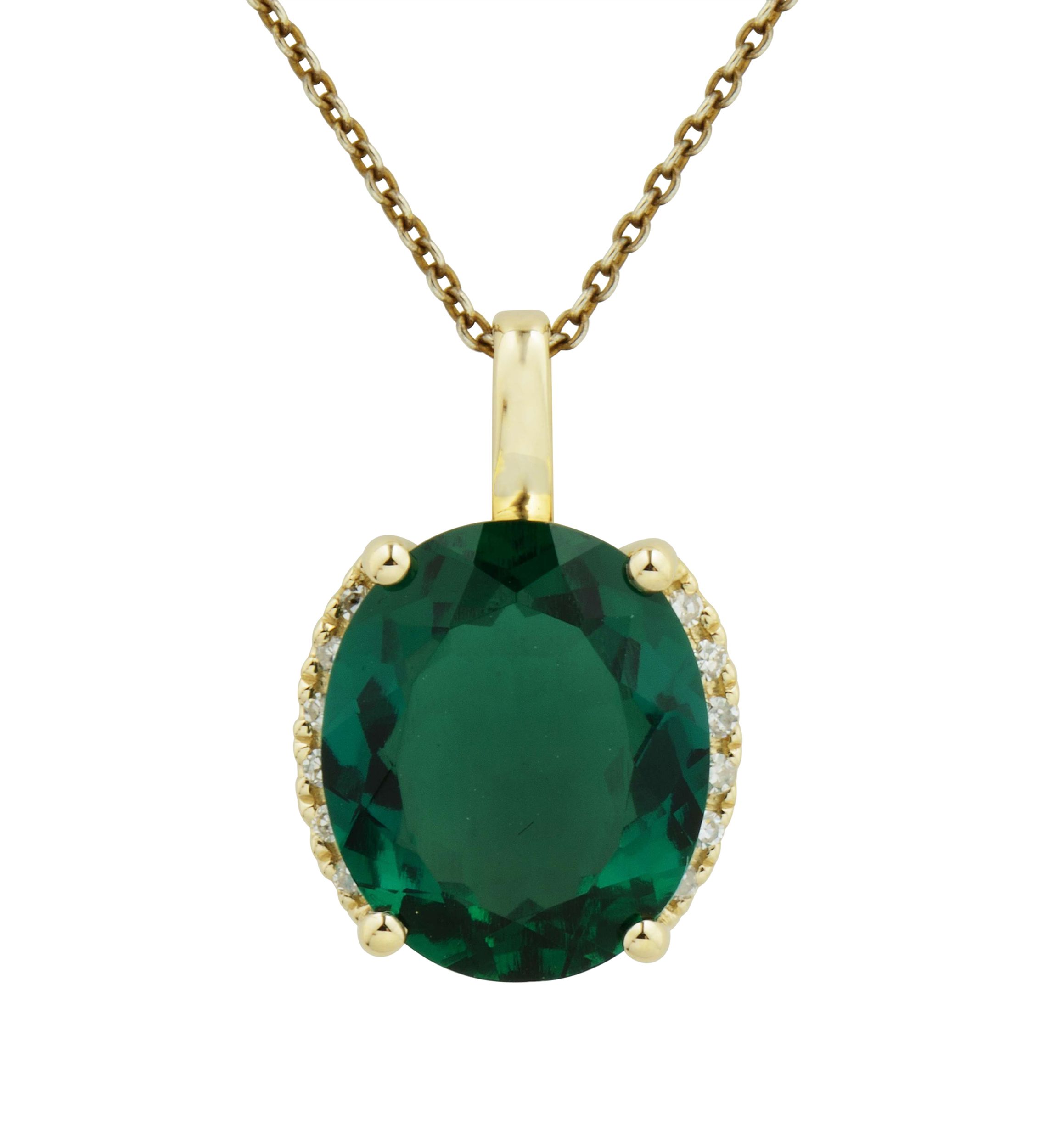 1/10 ct. t.w. Diamond and Lab Created Emerald Oval Pendant Necklace with 18" Rope Chain in 10K Yellow Gold