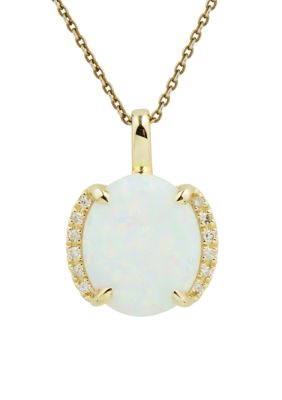 Belk & Co 1/10 Ct. T.w. Diamond And Lab Created Opal Oval Pendant Necklace With 18"" Rope Chain In 10K Yellow Gold