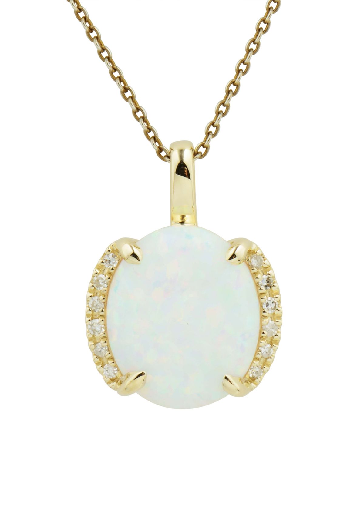 1/10 ct. t.w. Diamond and Lab Created Opal Oval Pendant Necklace with 18" Rope Chain in 10K Yellow Gold