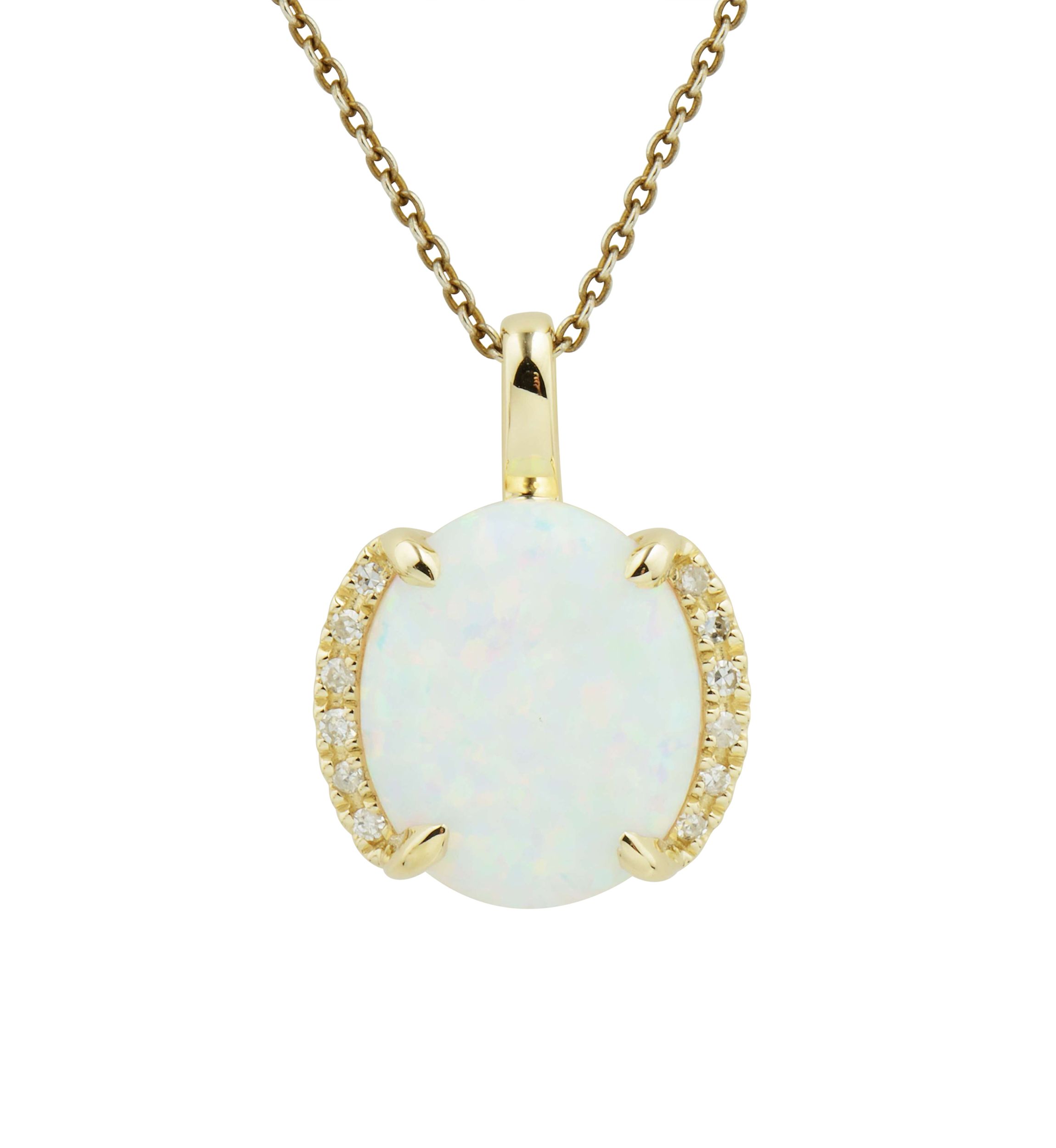 1/10 ct. t.w. Diamond and Lab Created Opal Oval Pendant Necklace with 18" Rope Chain in 10K Yellow Gold