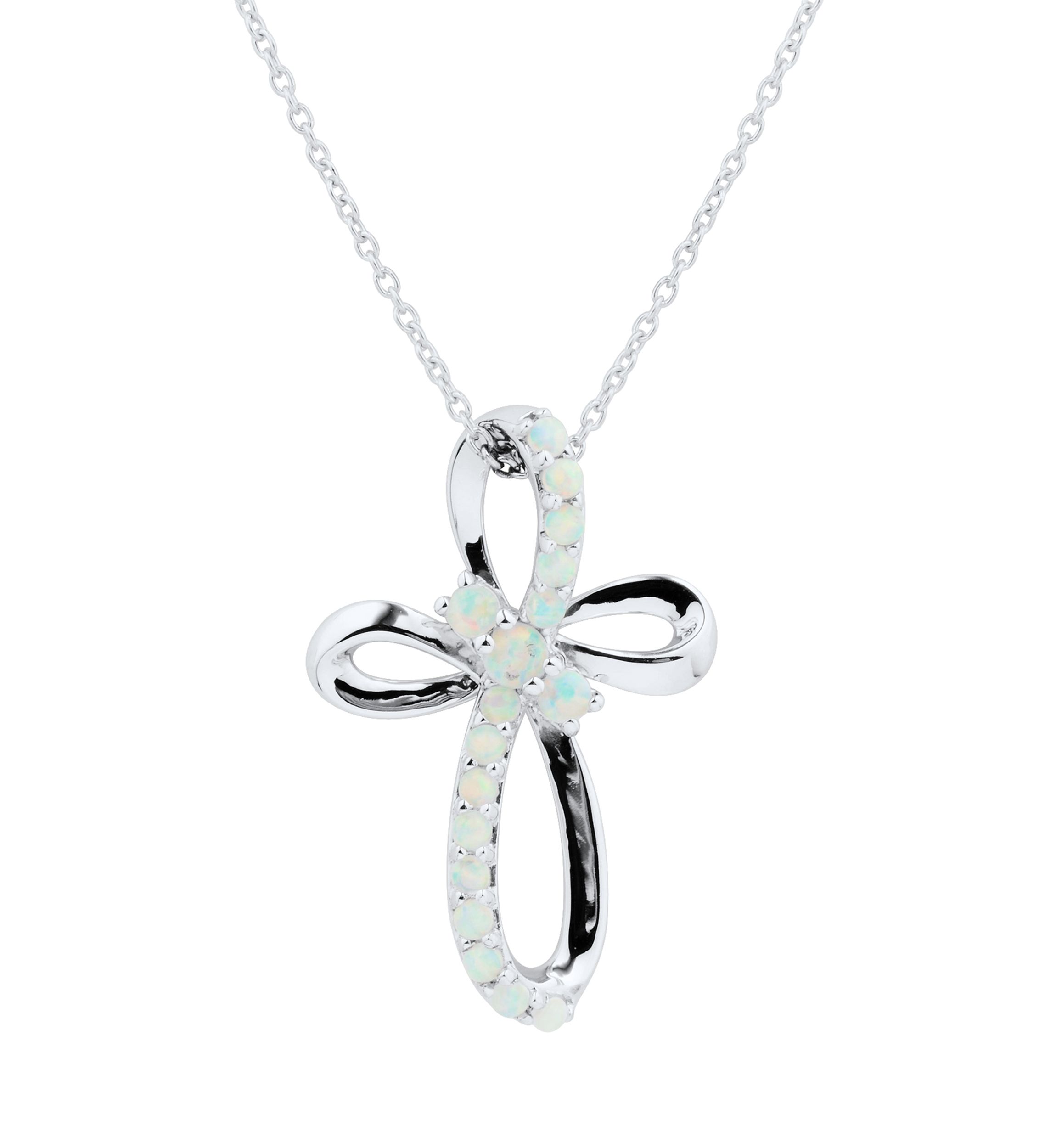 Lab Created Opal Cross Pendant Necklace with 18" Cable Chain in Sterling Silver