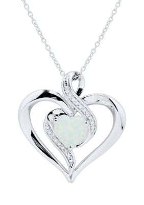 Belk & Co 1/10 Ct. T.w. Diamond And Lab Created Opal Heart Pendant Necklace With 18"" Cable Chain In Sterling Silver