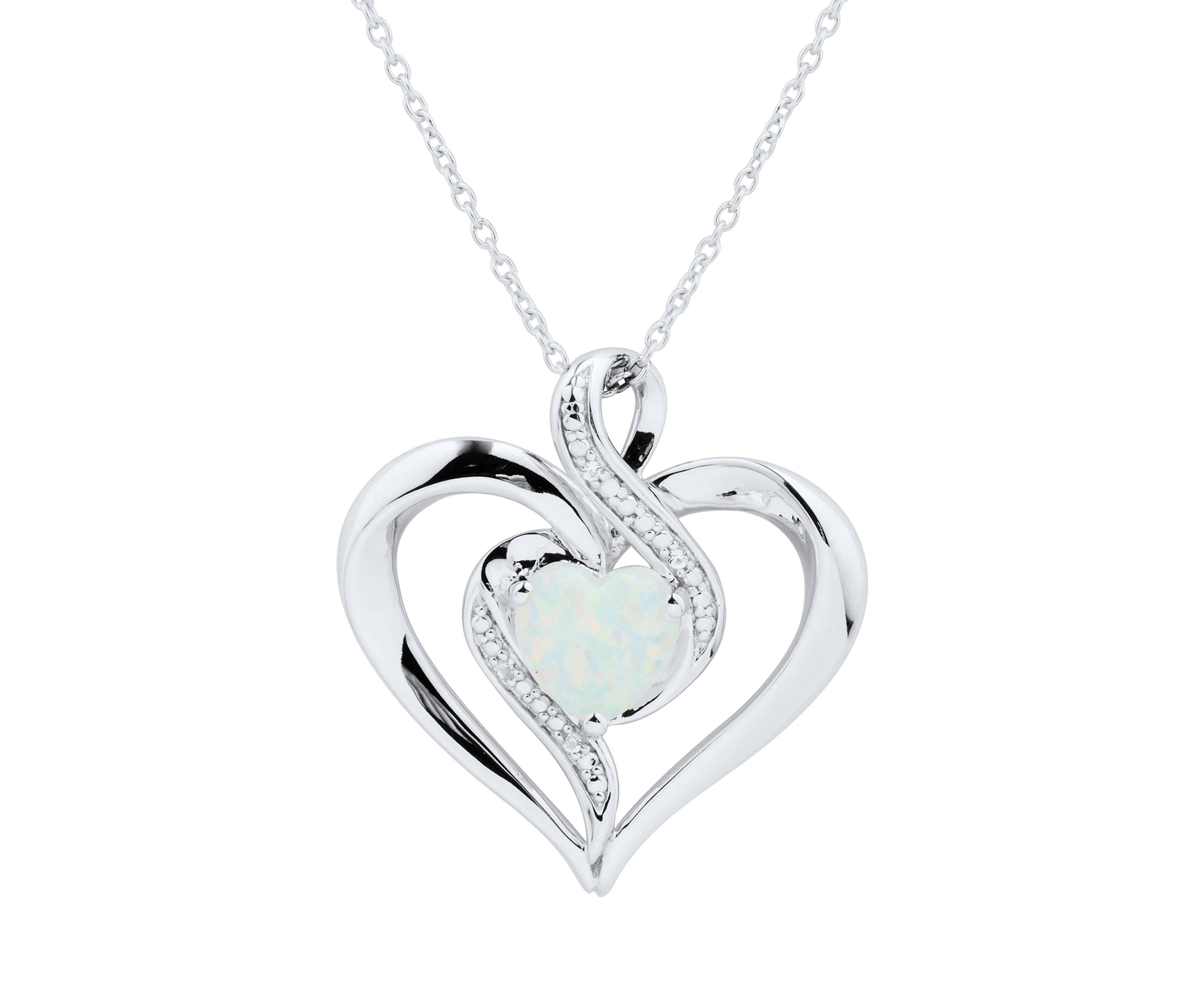 1/10 ct. t.w. Diamond and Lab Created Opal Heart Pendant Necklace with 18" Cable Chain in Sterling Silver