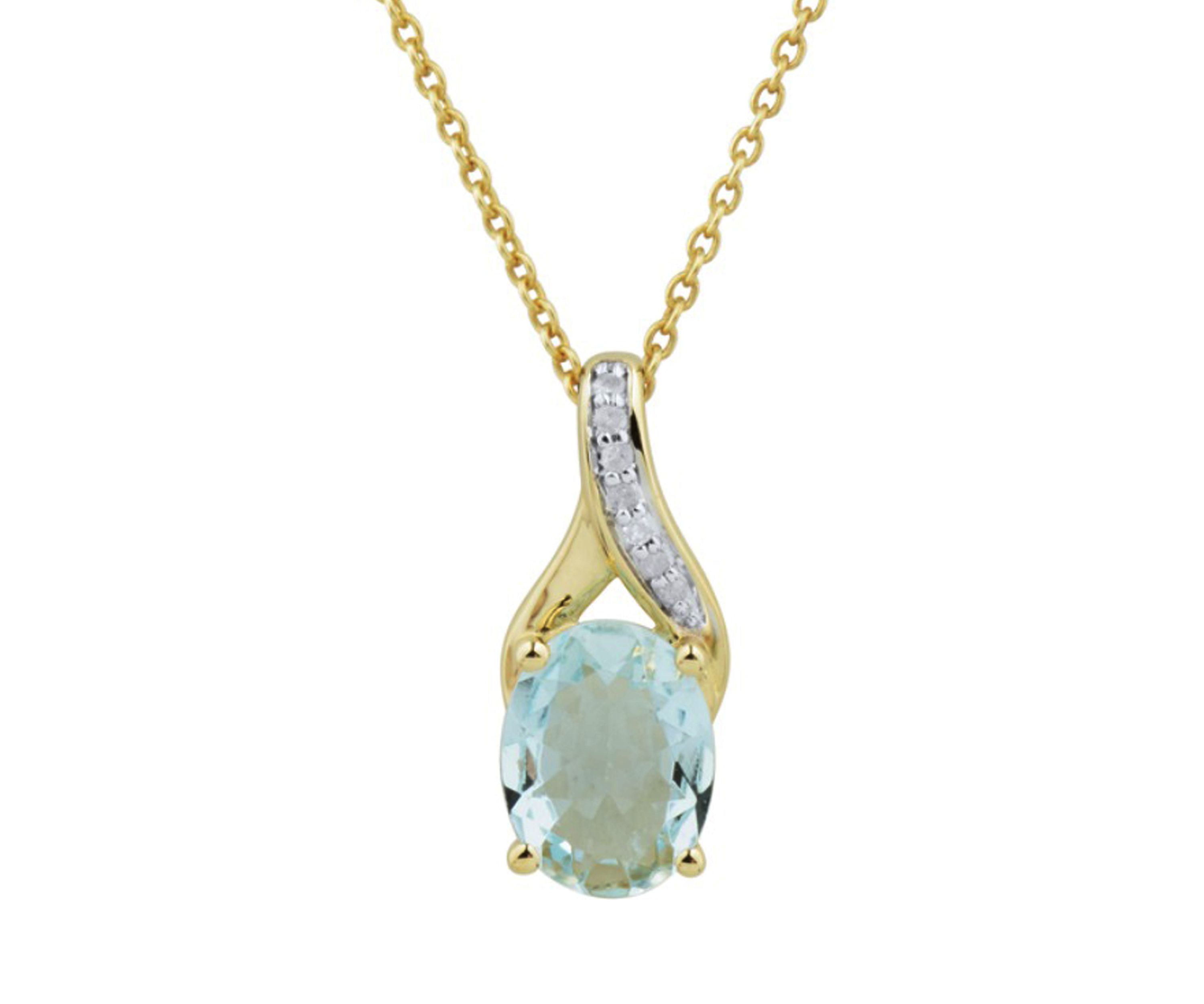 1/10 ct. t.w. Diamond and Aquamarine Pendant Necklace with 18" Rope Chain in 10K Yellow Gold