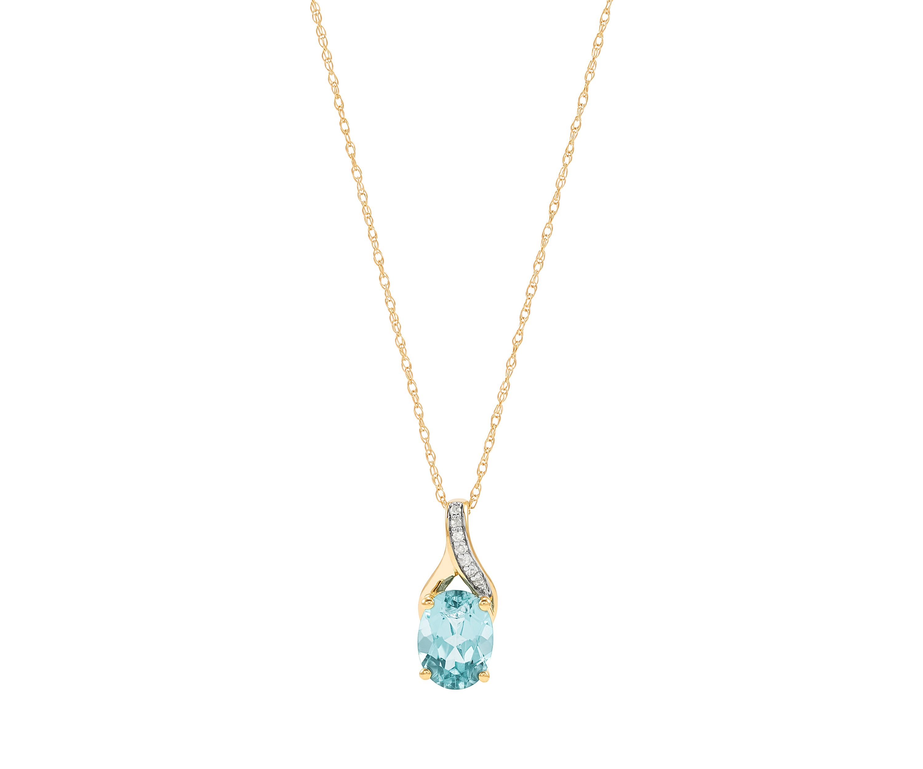 1/10 ct. t.w. Diamond and Aquamarine Pendant Necklace with 18" Rope Chain in 10K Yellow Gold