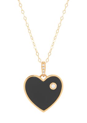 Belk & Co Heart Onyx and Diamond Accent Pendant with 17" Cable Chain in 14K Yellow Gold