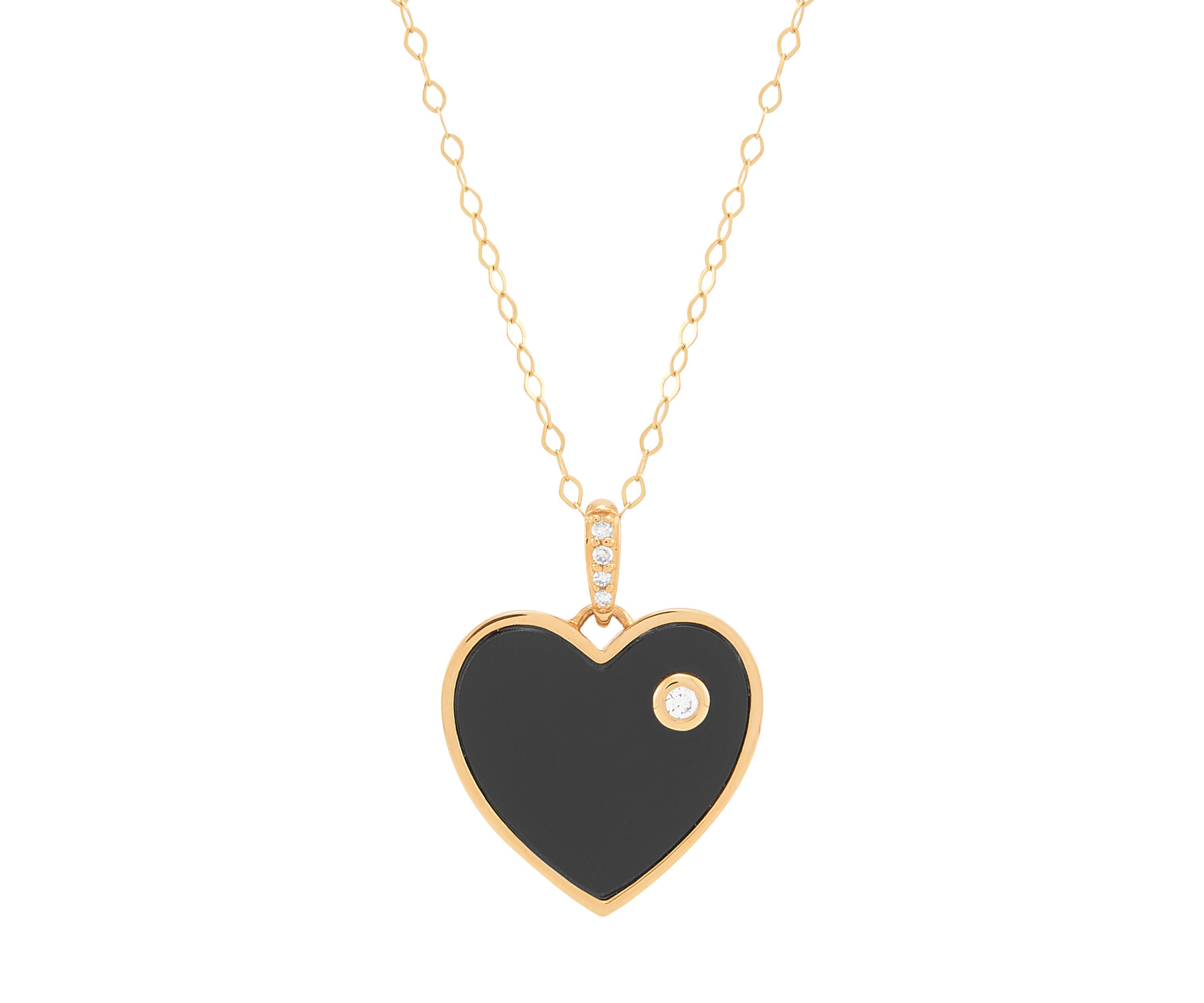 Heart Onyx and Diamond Accent Pendant with 17" Cable Chain in 14K Yellow Gold