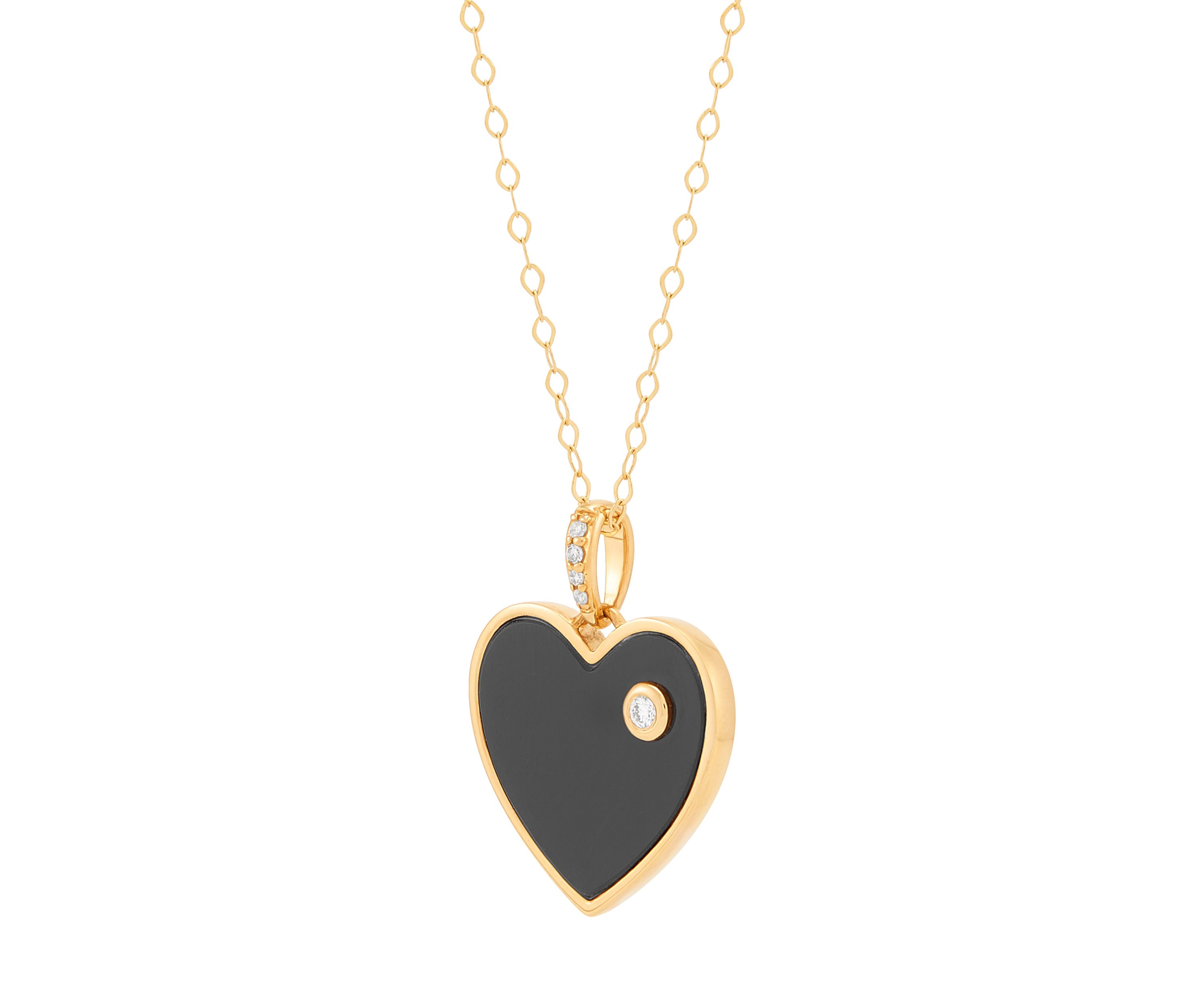 Heart Onyx and Diamond Accent Pendant with 17" Cable Chain in 14K Yellow Gold