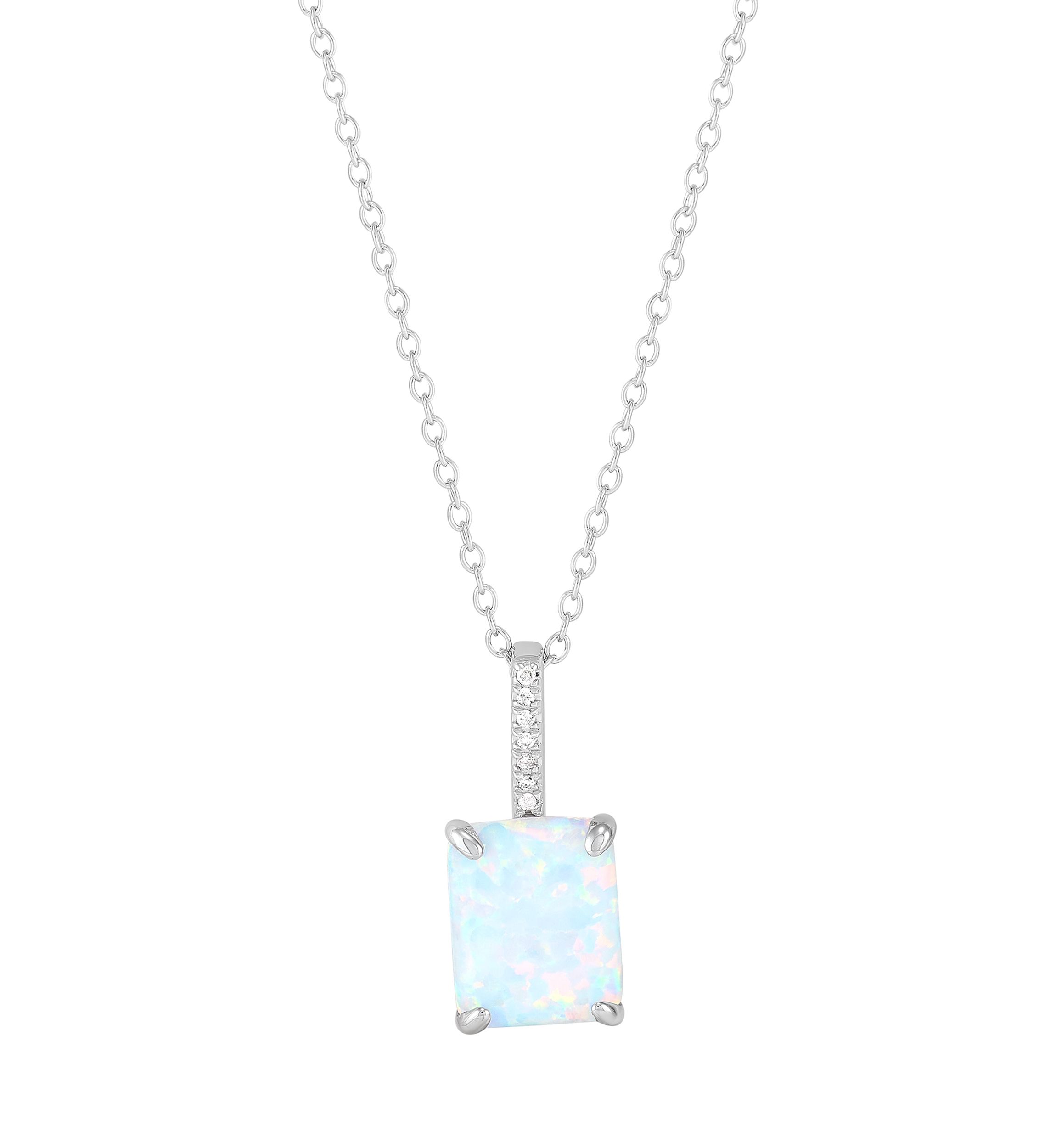 Lab Grown Emerald Cut Opal and Diamond Accent Pendant with 18" Cable Chain in Sterling Silver