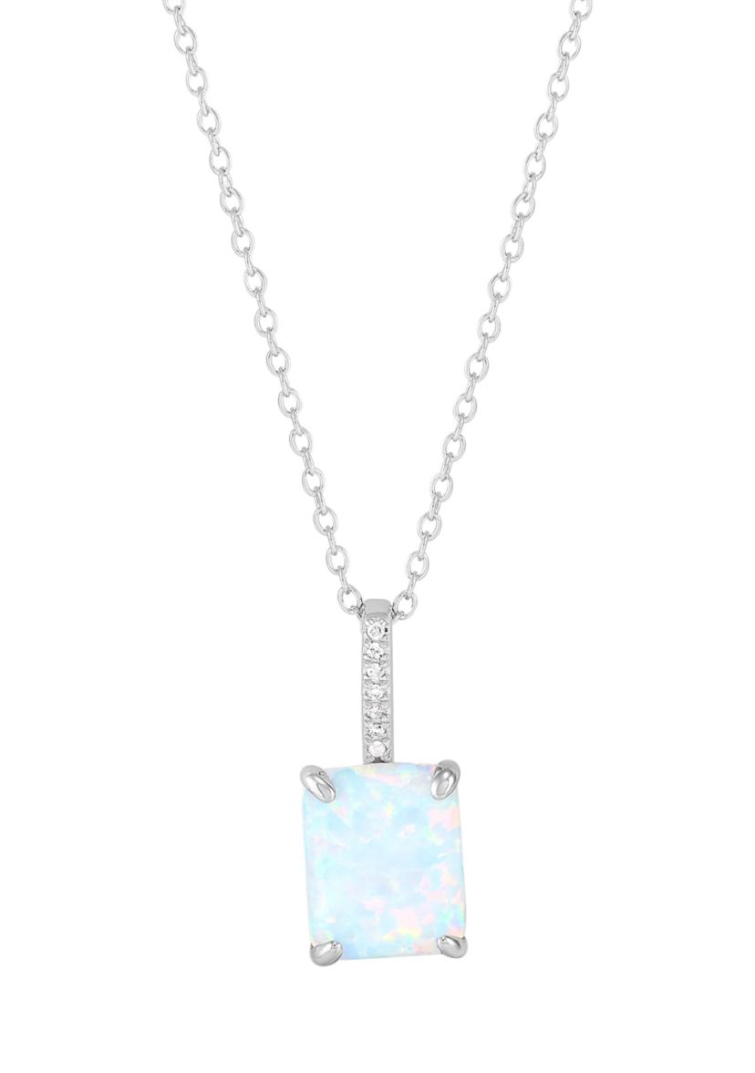 Lab Grown Emerald Cut Opal and Diamond Accent Pendant with 18" Cable Chain in Sterling Silver