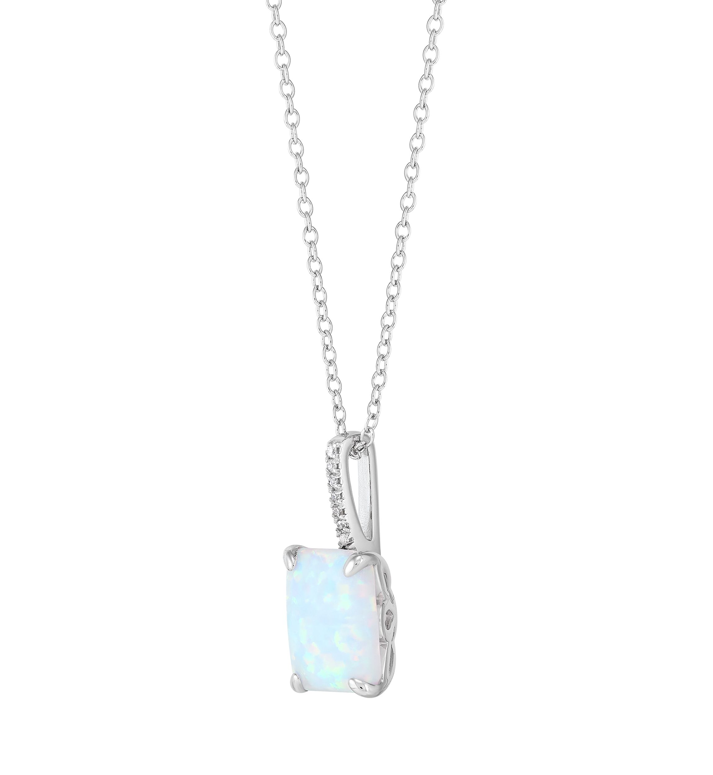 Lab Grown Emerald Cut Opal and Diamond Accent Pendant with 18" Cable Chain in Sterling Silver