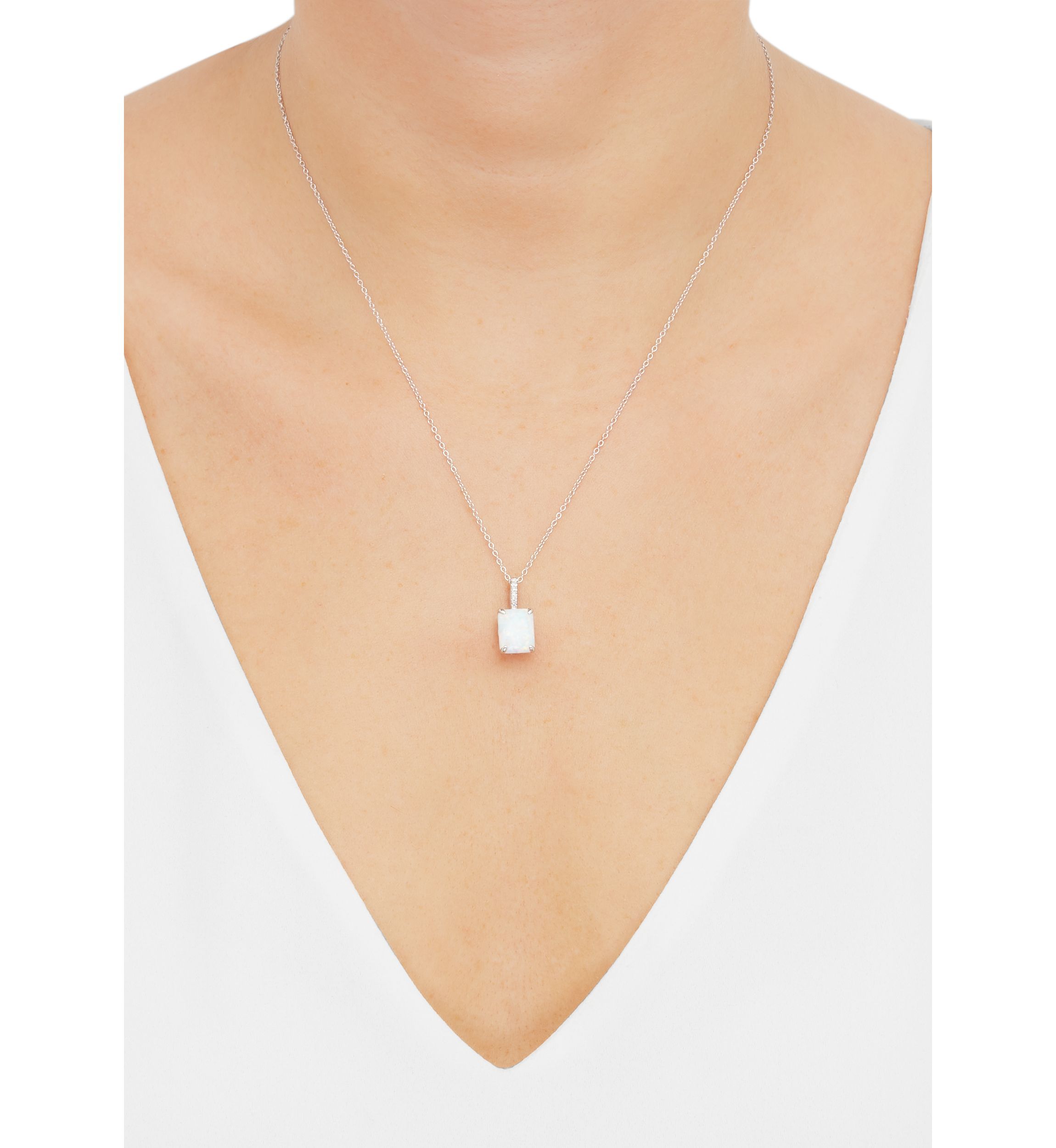 Lab Grown Emerald Cut Opal and Diamond Accent Pendant with 18" Cable Chain in Sterling Silver