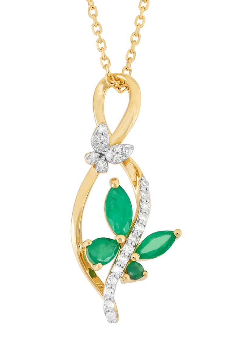 Emerald and 1/10 ct. t.w. Diamond Pendant with 18" Cable Chain in 10K Yellow Gold