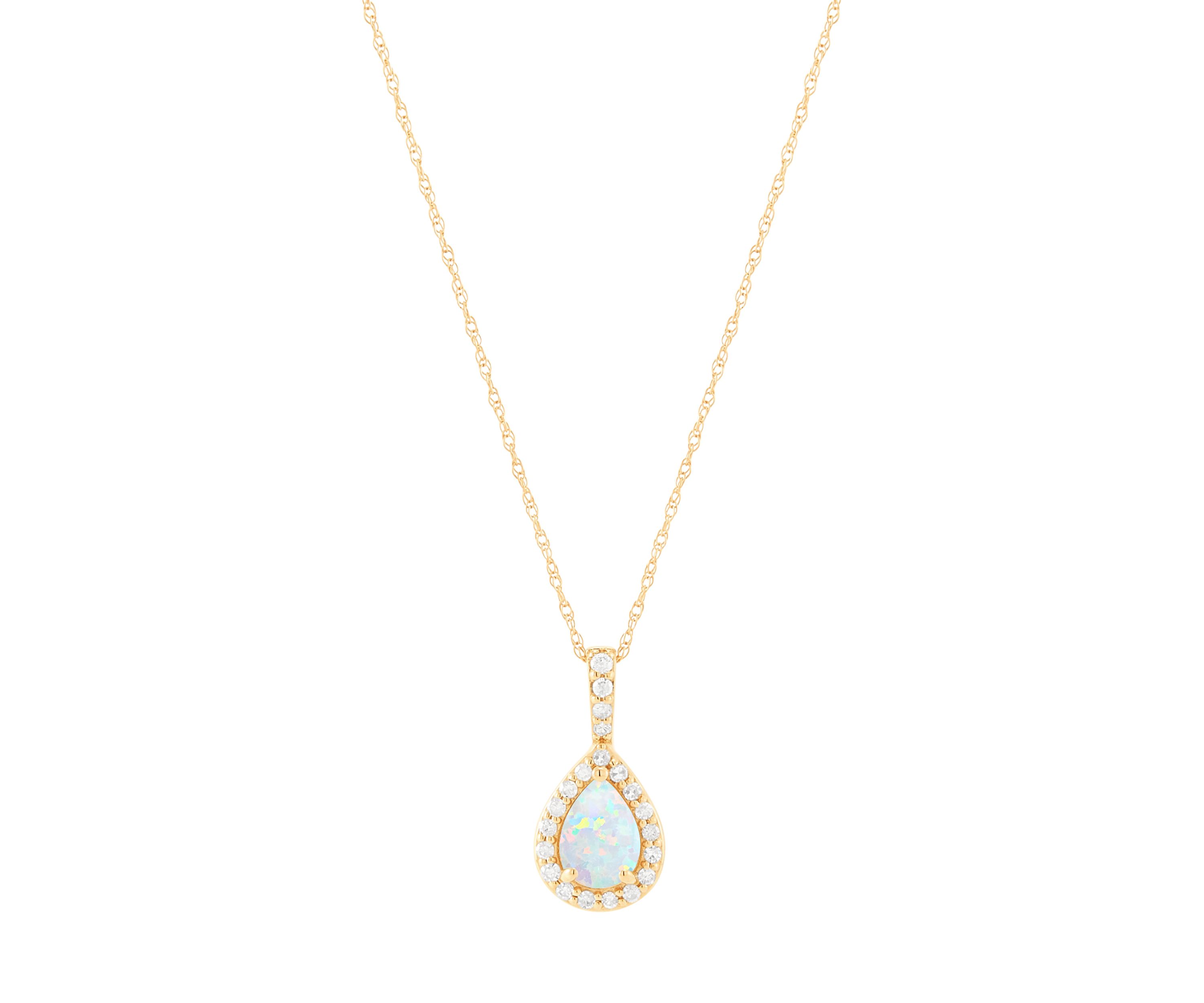 1/8 ct. t.w. Lab Grown Diamond and Opal Pendant with 18" Rope Chain in 10K Yellow Gold
