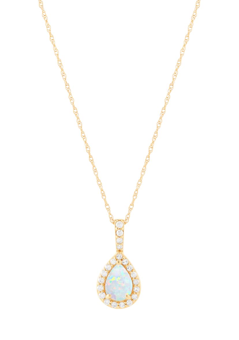 1/8 ct. t.w. Lab Grown Diamond and Opal Pendant with 18" Rope Chain in 10K Yellow Gold