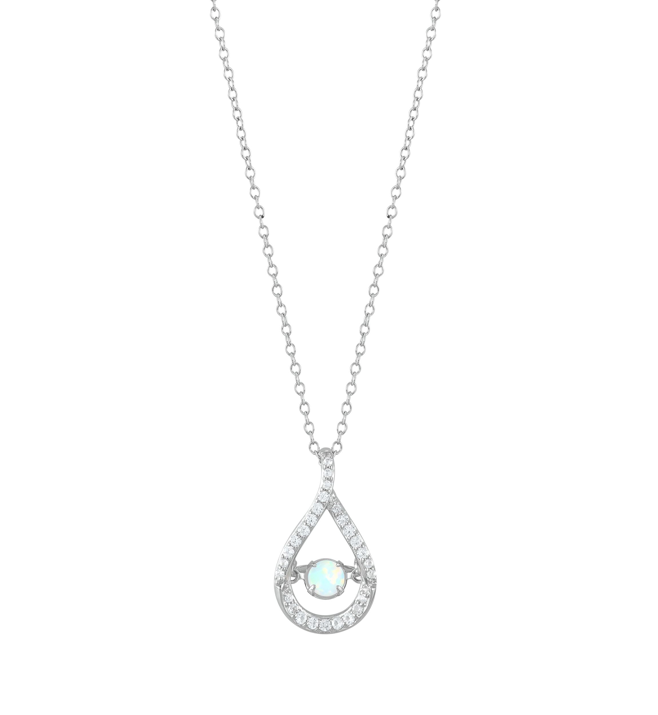 Lab Grown Opal and Lab Grown White Sapphire Pendant Necklace with 18" Cable Chain in Sterling Silver