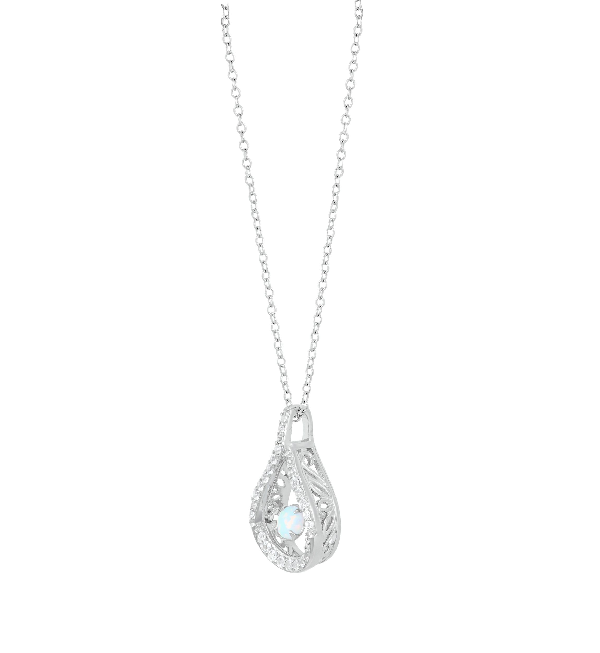 Lab Grown Opal and Lab Grown White Sapphire Pendant Necklace with 18" Cable Chain in Sterling Silver