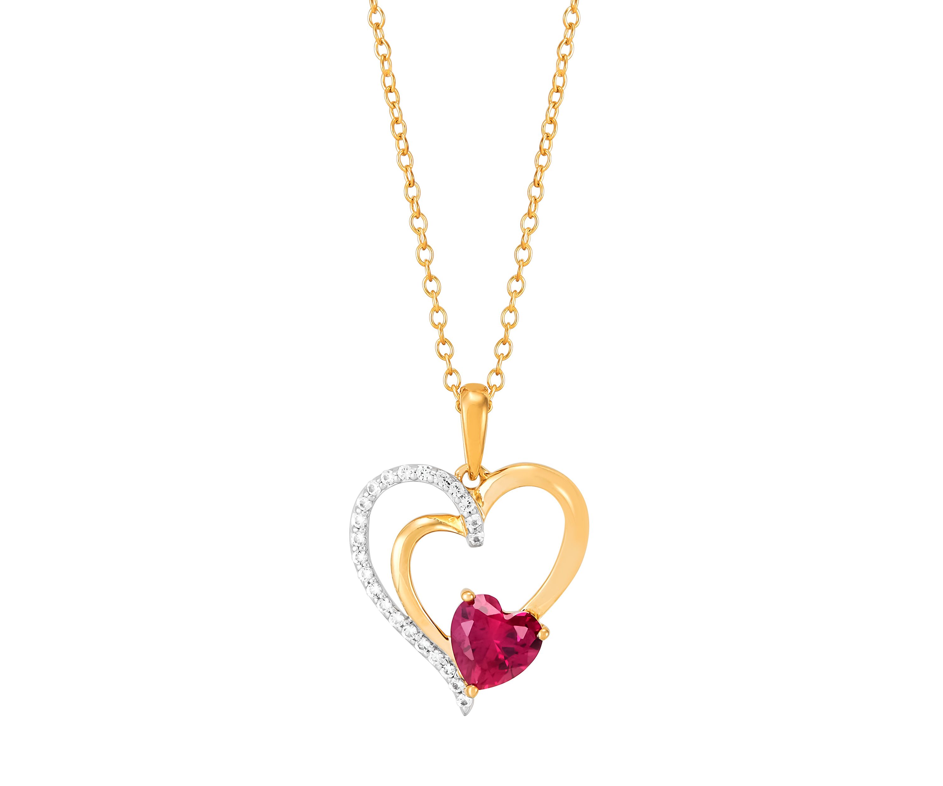Lab Grown Ruby and White Sapphire Heart Pendant with 18" Cable Chain in Gold Over Sterling Silver