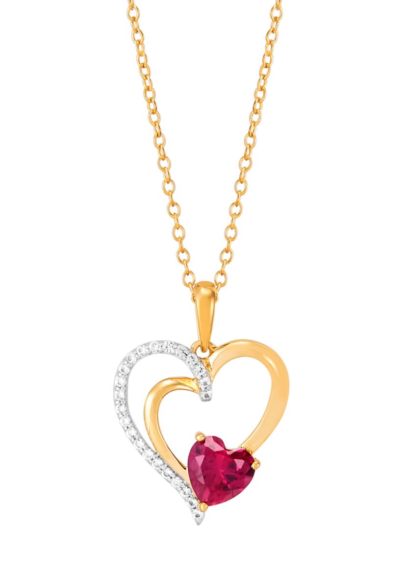 Lab Grown Ruby and White Sapphire Heart Pendant with 18" Cable Chain in Gold Over Sterling Silver