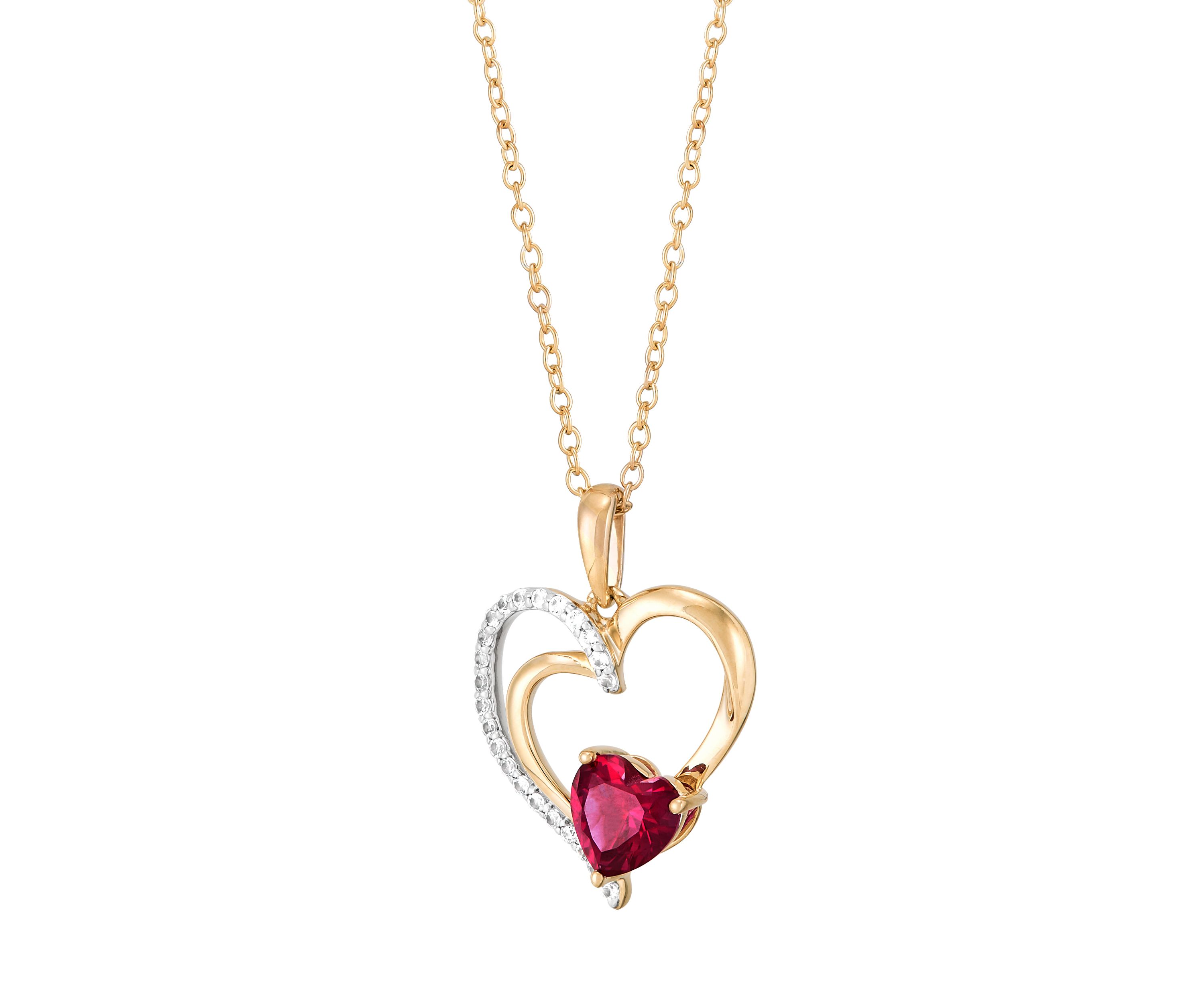 Lab Grown Ruby and White Sapphire Heart Pendant with 18" Cable Chain in Gold Over Sterling Silver