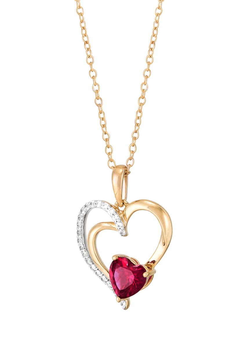 Lab Grown Ruby and White Sapphire Heart Pendant with 18" Cable Chain in Gold Over Sterling Silver
