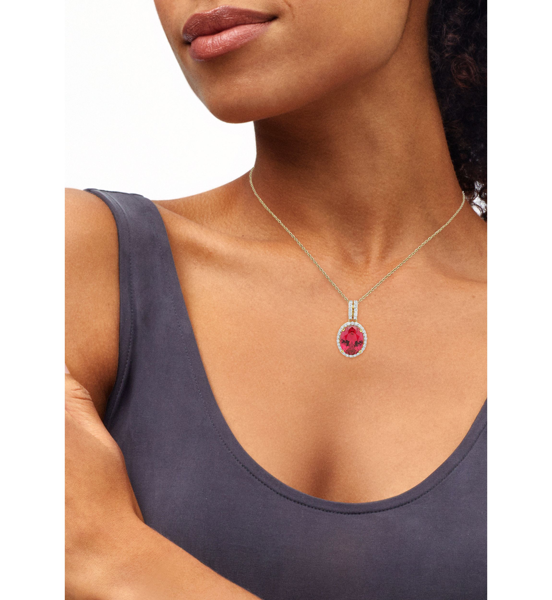 Lab Grown Ruby and 1/4 ct. t.w. Lab Grown Diamond Pendant with 18" Rope Chain - Gold Over Silver