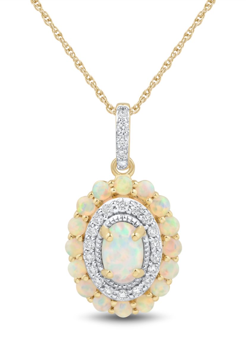 1/6 ct. t.w. Lab Grown Opal and Diamond Pendant Necklace with 18 Rope Chain in Gold Over Sterling Silver