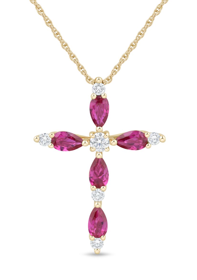 Lab Grown Ruby and 1/4 ct. t.w. Lab Grown Diamond Cross Pendant with 18" Rope Chain