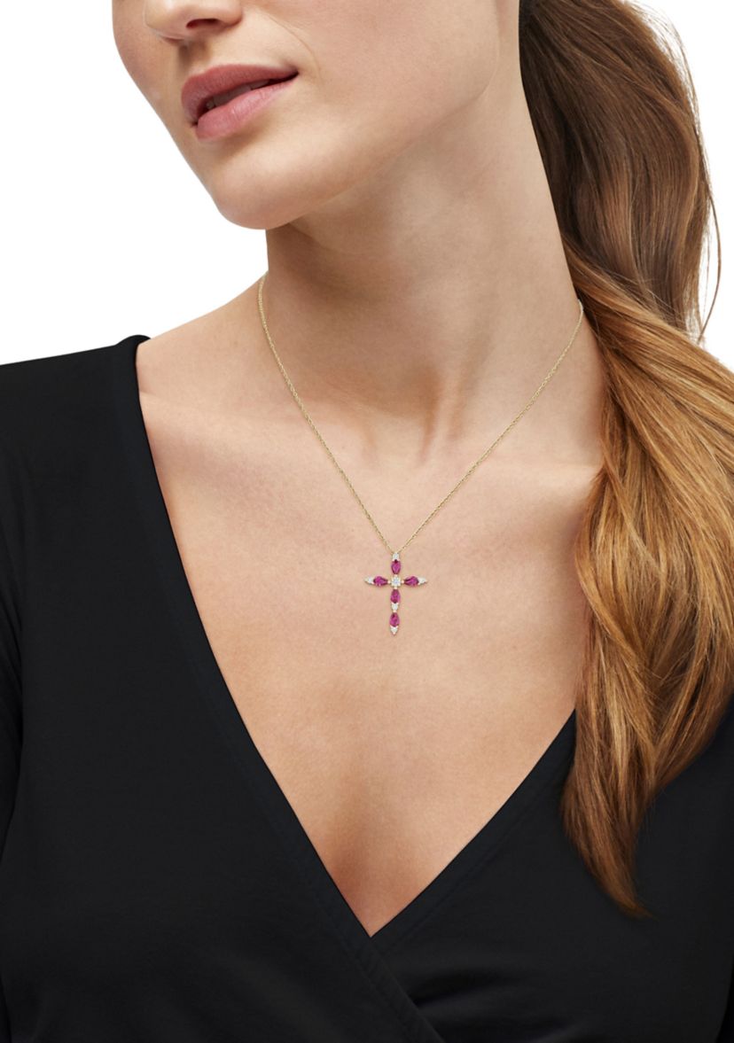 Lab Grown Ruby and 1/4 ct. t.w. Lab Grown Diamond Cross Pendant with 18" Rope Chain