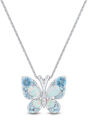 Belk & Co Lab Grown Diamond Accent and Swiss Blue Topaz and Lab Grown Opal Butterfly Pendant with 18" Rope Chain, Silver, 18 in