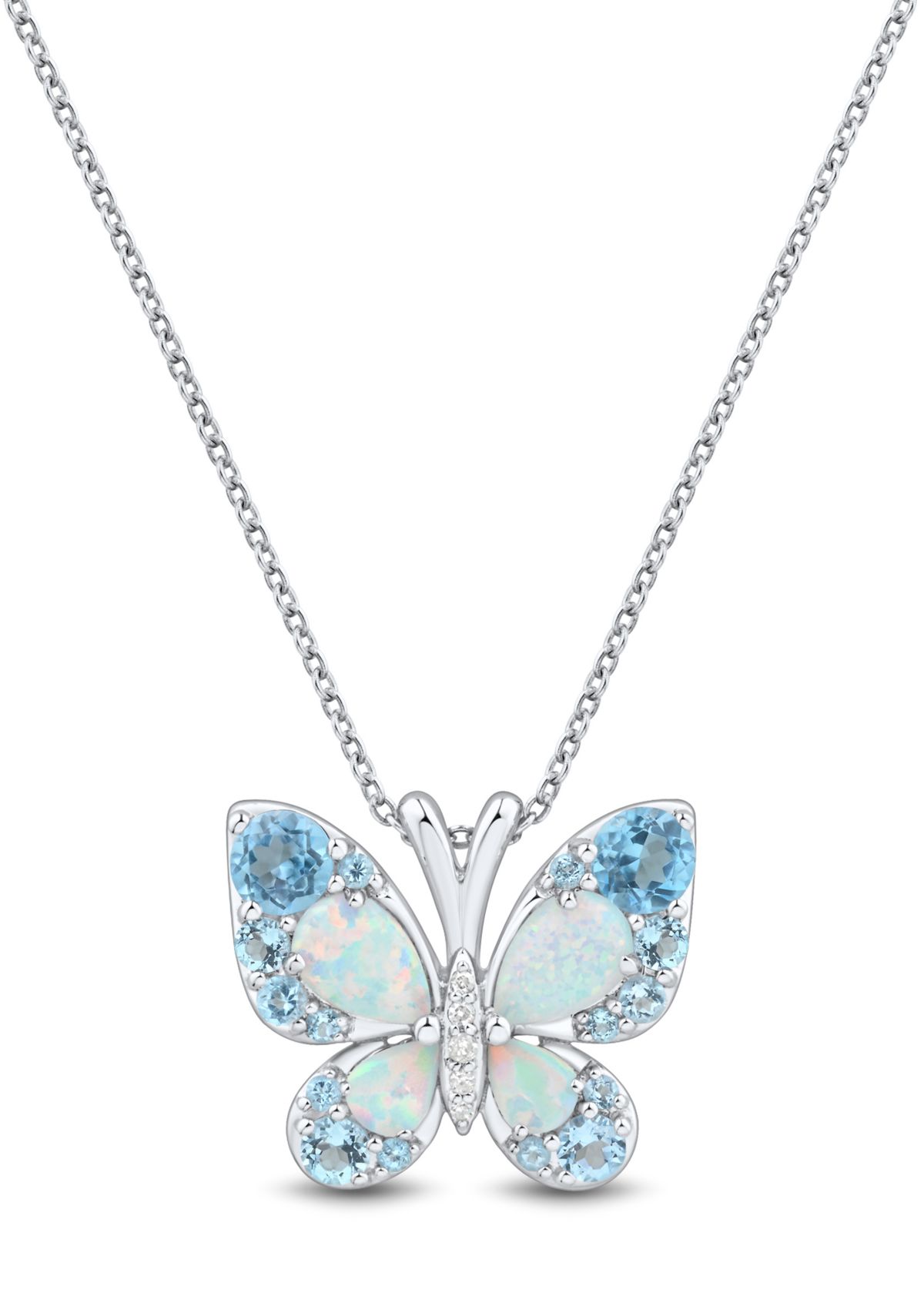Lab Grown Diamond Accent and Swiss Blue Topaz and Lab Grown Opal Butterfly Pendant with 18" Rope Chain