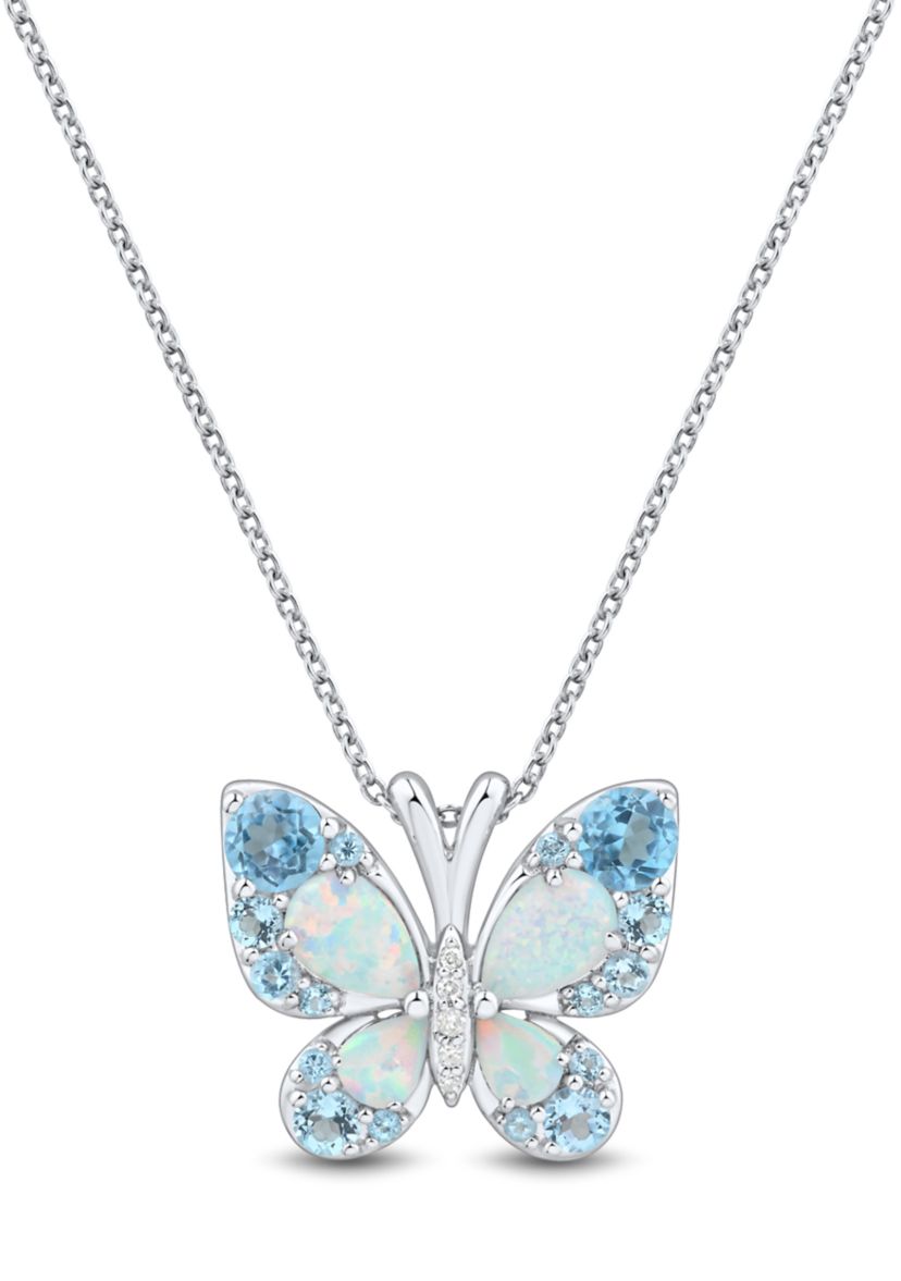 Lab Grown Diamond Accent and Swiss Blue Topaz and Lab Grown Opal Butterfly Pendant with 18" Rope Chain