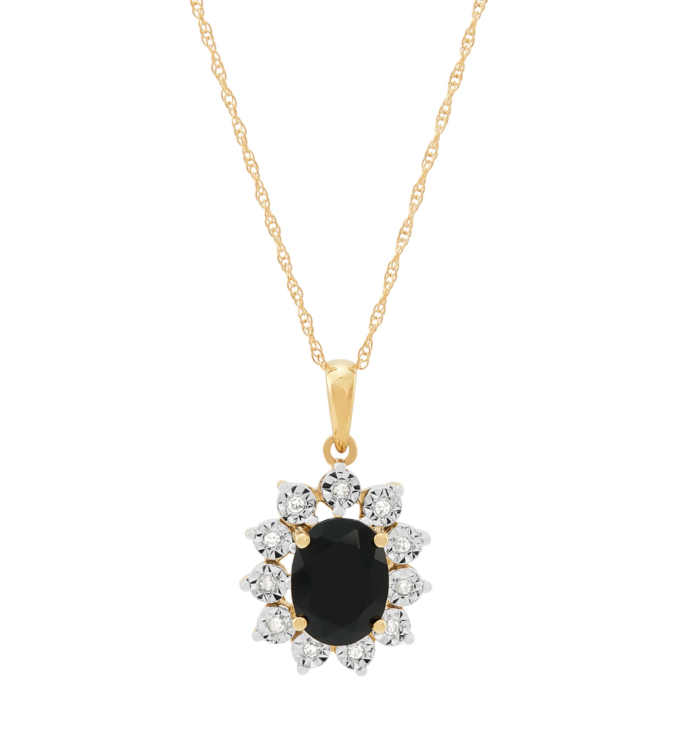 Onyx and Diamond Accent Flower Pendant with 18" Rope Chain in 10K Yelow Gold