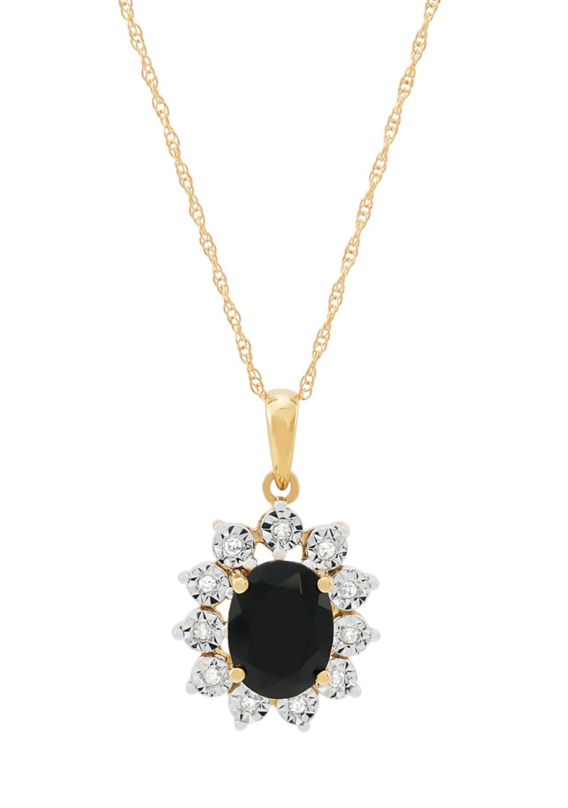 Onyx and Diamond Accent Flower Pendant with 18" Rope Chain in 10K Yelow Gold