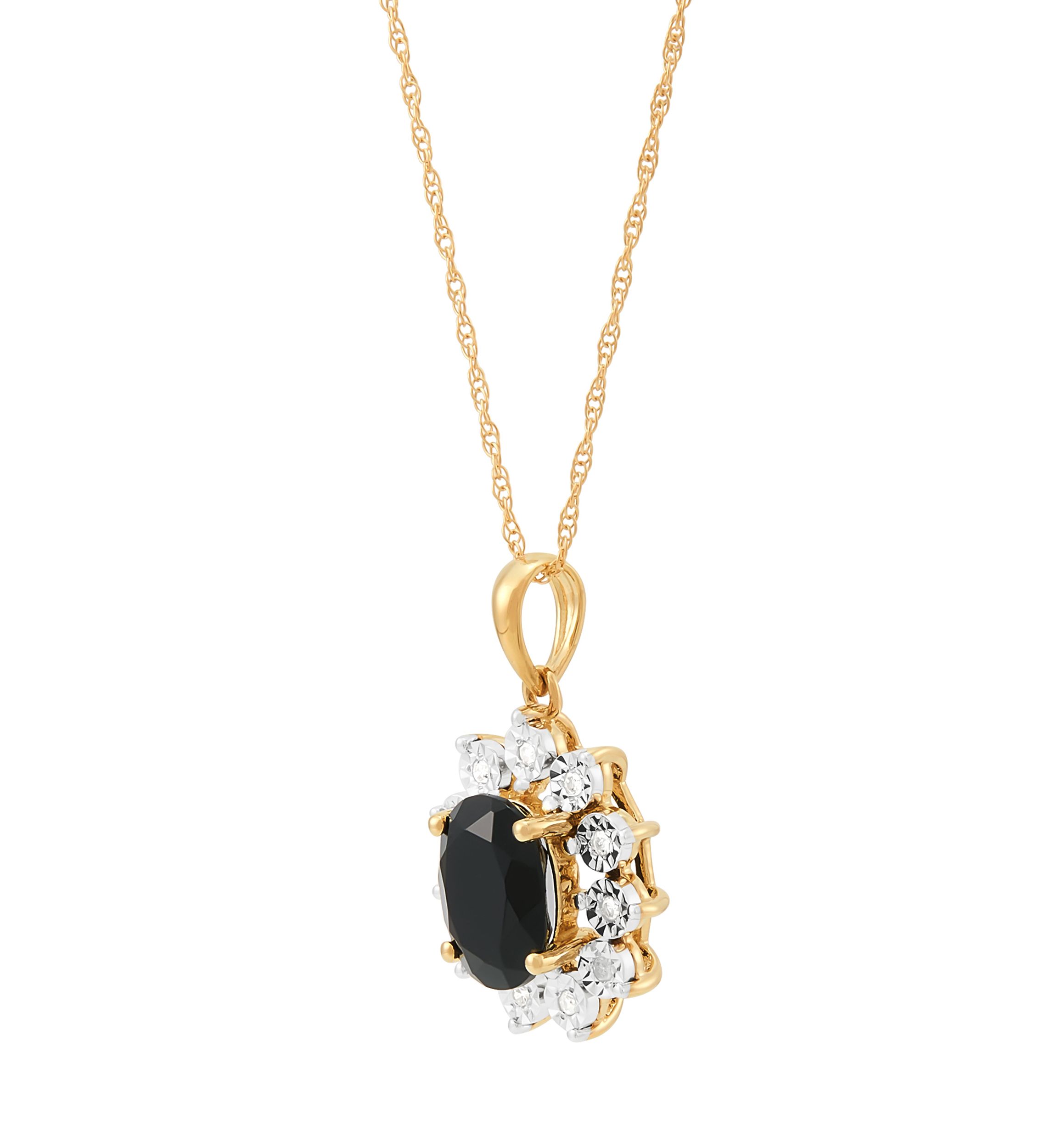 Onyx and Diamond Accent Flower Pendant with 18" Rope Chain in 10K Yelow Gold