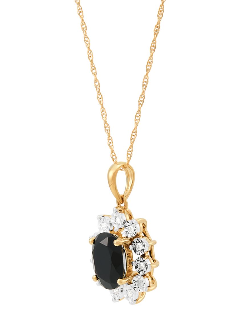 Onyx and Diamond Accent Flower Pendant with 18" Rope Chain in 10K Yelow Gold