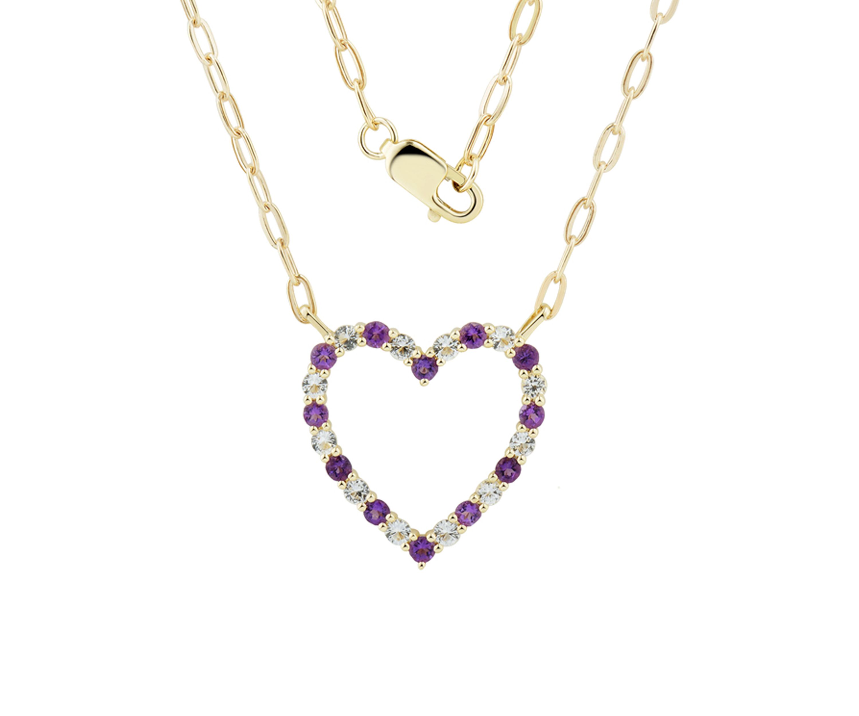 White Topaz and Amethyst Heart Necklace in 10K Yellow Gold