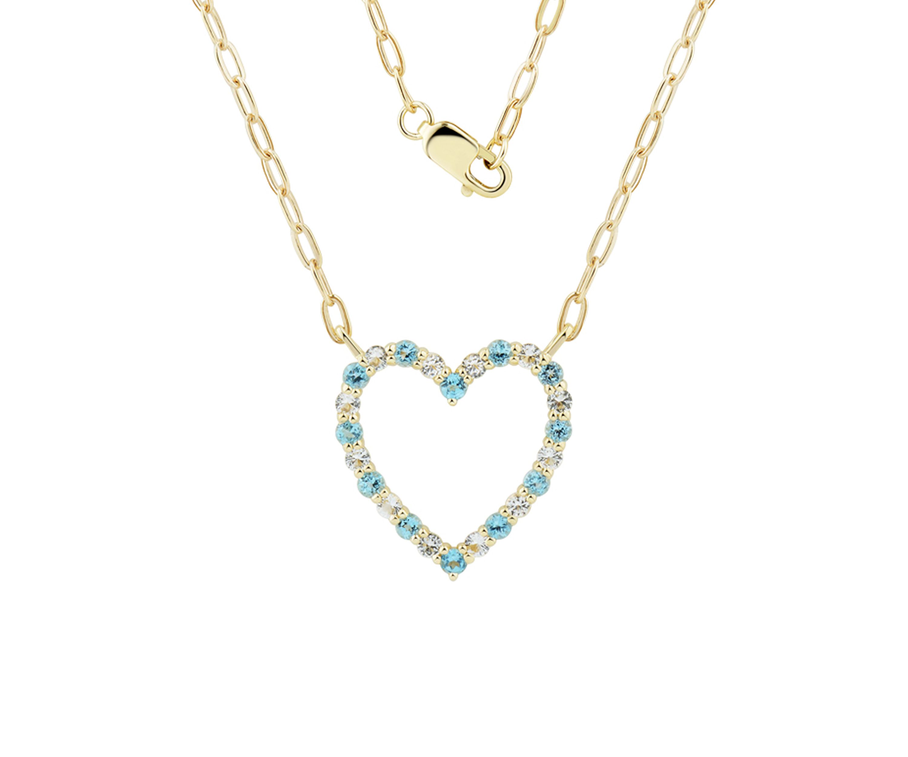 Swiss Blue Topaz and White Topaz Heart Necklace in 10K Yellow Gold