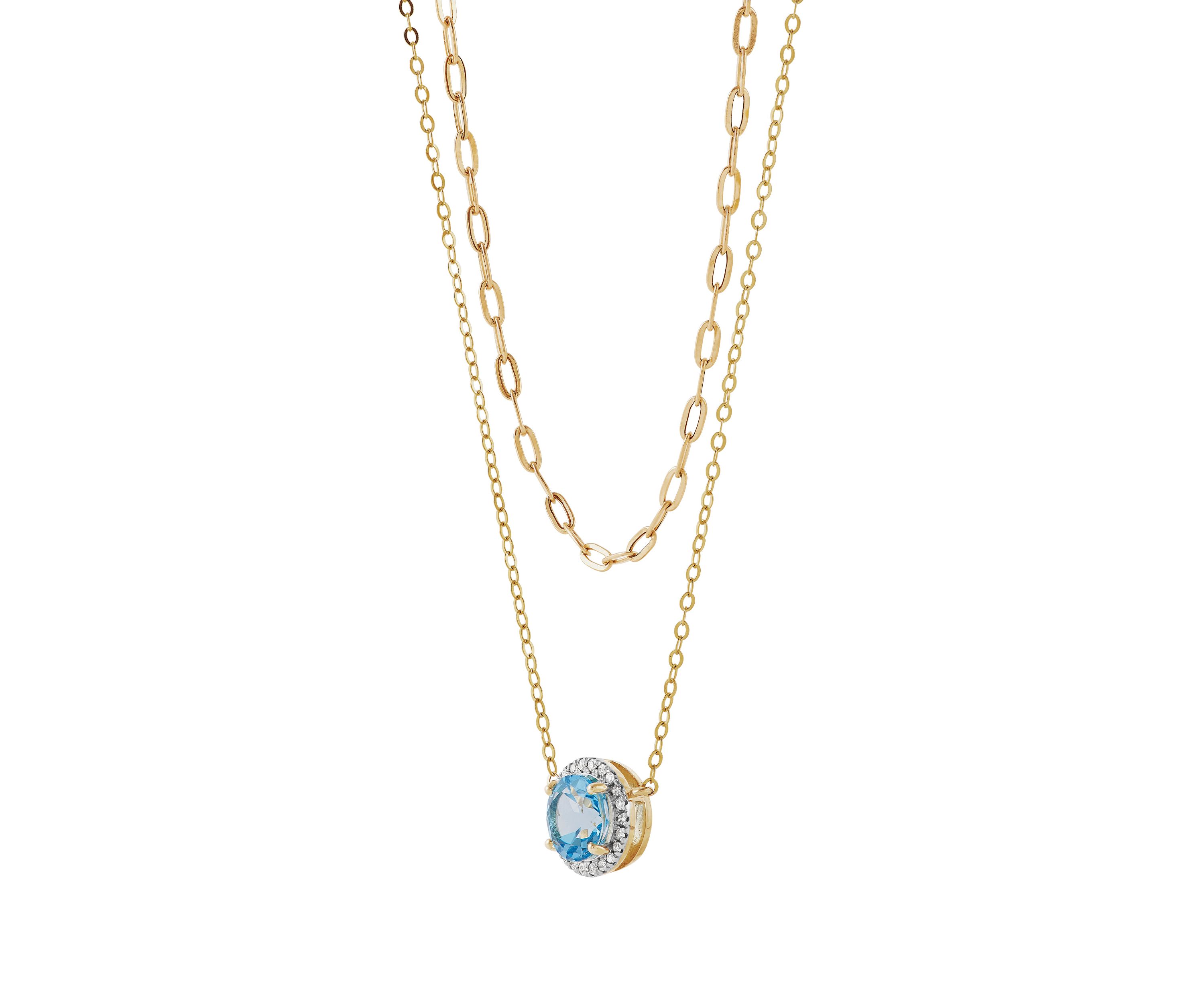 1/10 ct. t.w. Diamond and Swiss Blue Topaz Double Row Necklace in 10K Yellow Gold