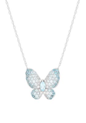 Belk & Co 1/10 ct. t.w. Diamond, Swiss Blue Topaz, Sky Blue Topaz, London Blue Topaz Butterfly Necklace in 10K White Gold, 16 in